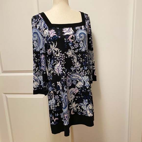WHBM Paisley Shift Dress Black Blue Lilac White Mini Midi Knee Career Office Lrg - Picture 14 of 14